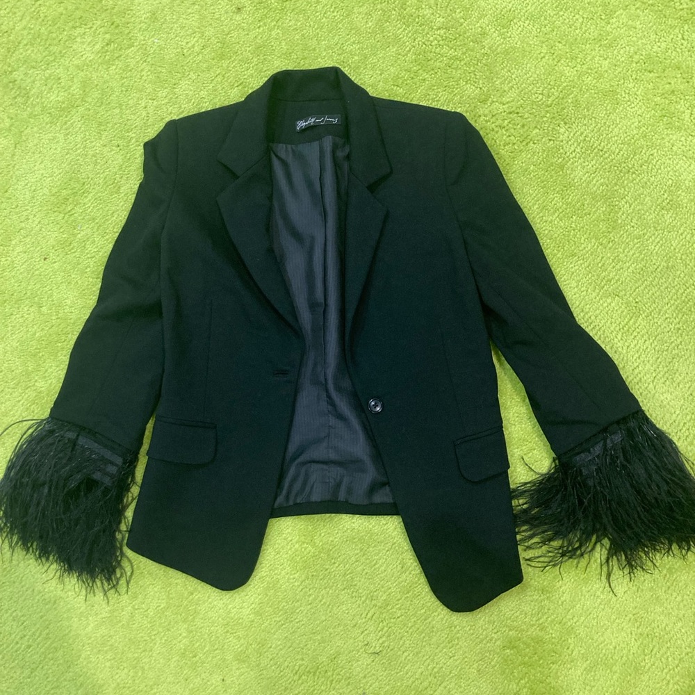 Elizabeth & James Black Blazer with Feather Cuffs
